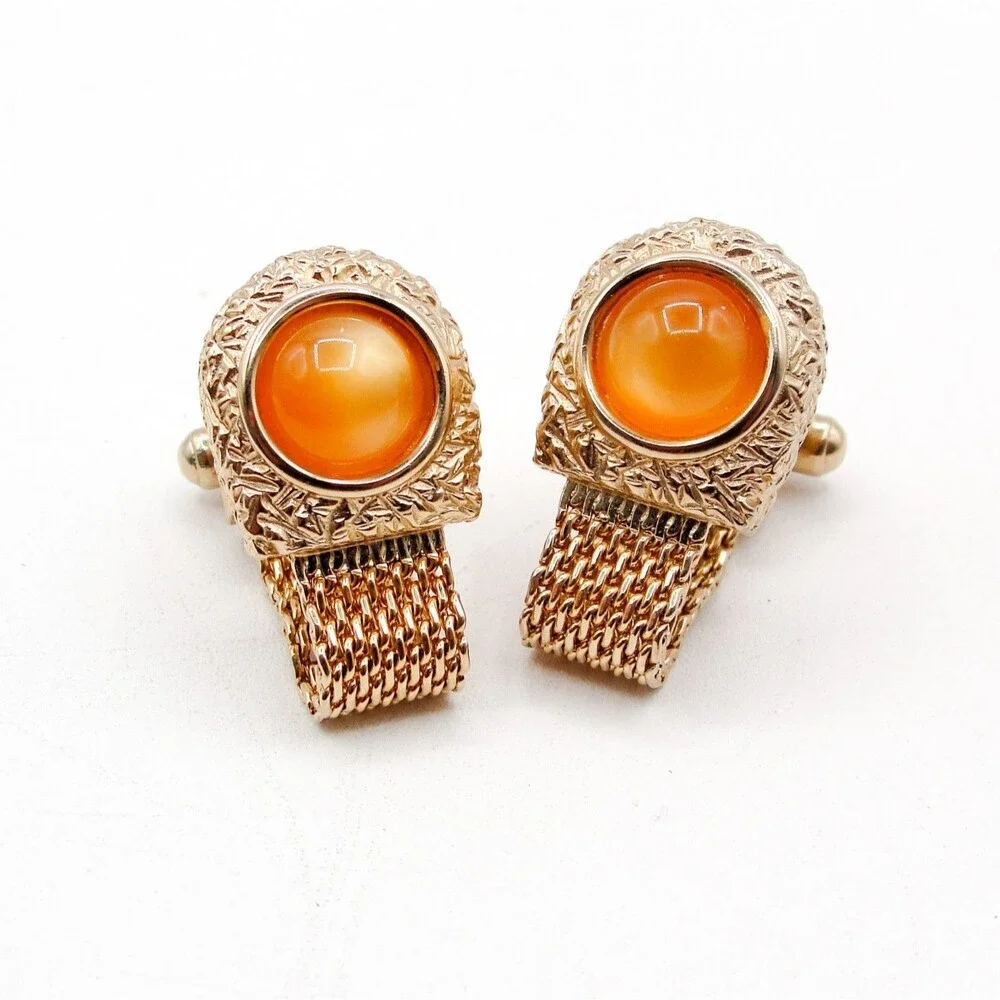 Vintage Swank Orange Moonglow Cabochon Gold Tone Mesh Wrap Around Cufflinks MCM